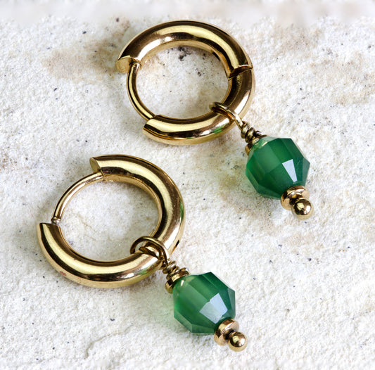 Sleek golden hoop earrings with green faceted beads, a modern accessory for an elegant touch, free shipping in Nairobi, #gorgeouseveryday