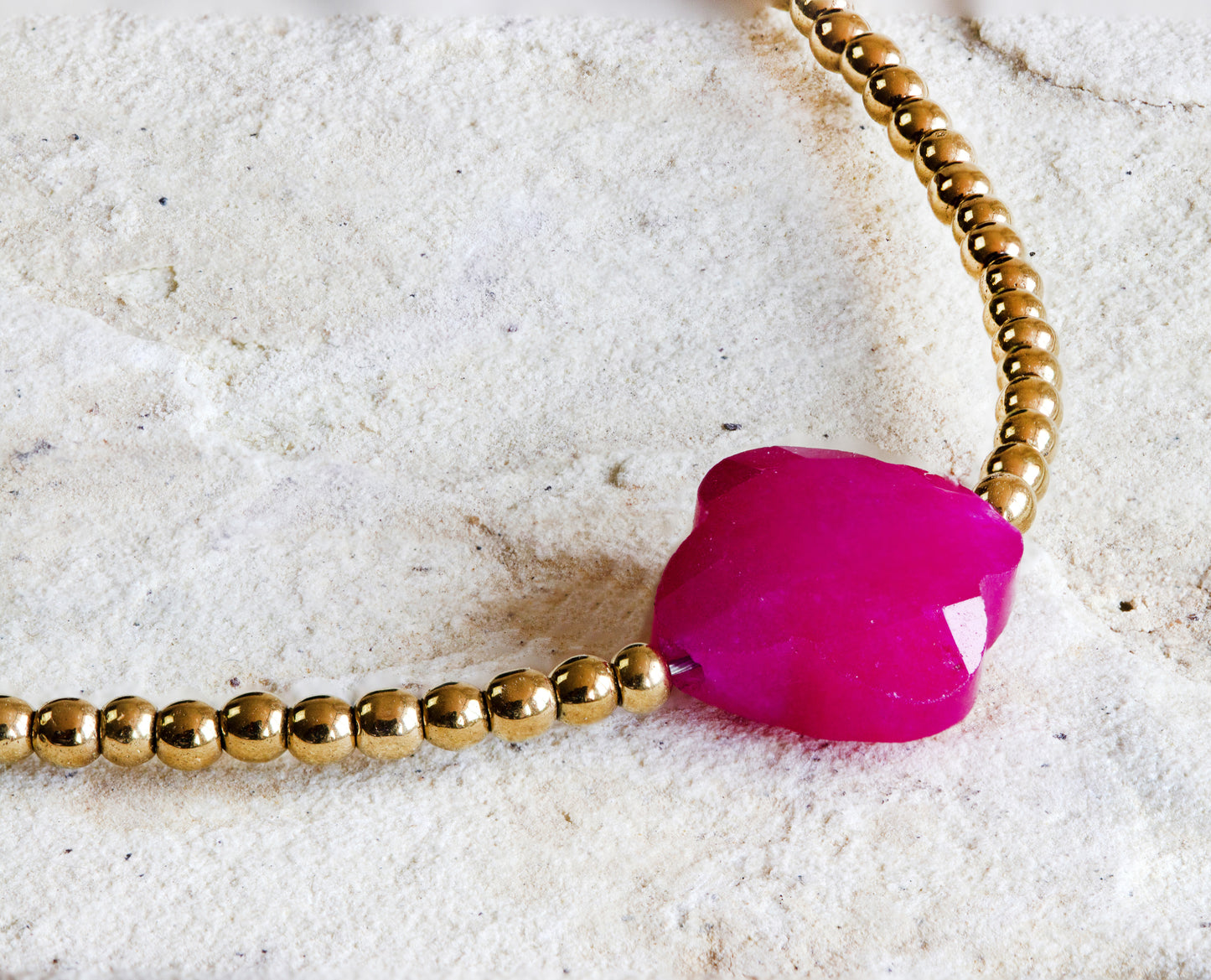 Classic gold-plated beaded necklace with a single bold magenta stone, Dahlia Jewels brings sophistication to your jewellery/jewelry collection, free delivery in Nairobi, #gorgeouseveryday.
