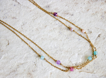 Elegant multi-layered gold-plated necklace with colorful bead accents, from Dahlia Jewels, a playful yet sophisticated piece of jewellery/jewelry, free Nairobi delivery, #gorgeouseveryday.