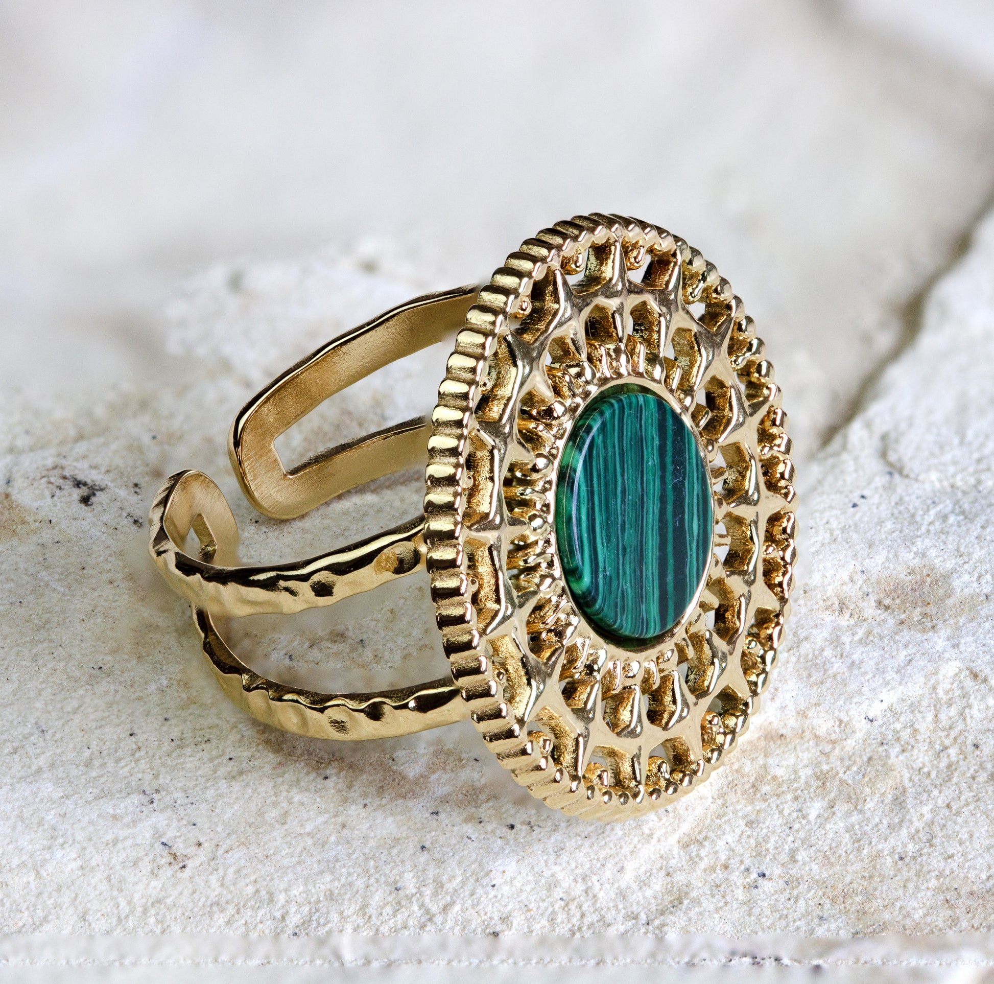 Gold-plated ring with green malachite detail, perfect for adding a pop of color to your jewellery/jewelry collection, Dahlia Jewels, #gorgeouseveryday.