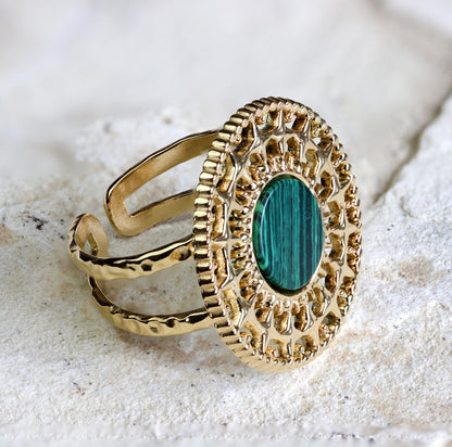 Gold-plated ring with green malachite detail, perfect for adding a pop of color to your jewellery/jewelry collection, Dahlia Jewels, #gorgeouseveryday.
