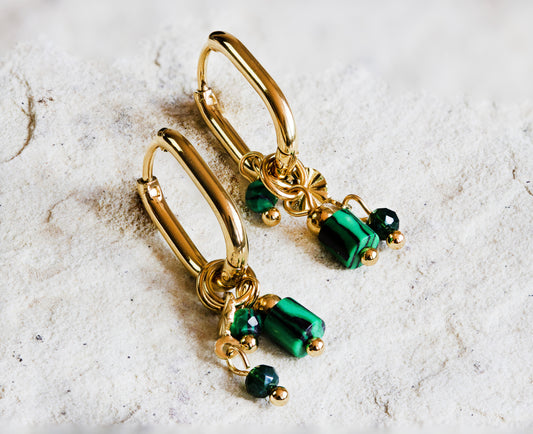 Gold-plated hoop earrings with floral detail and green malachite barrel beads, accented with small green crystals, ideal for adding a pop of color, Nairobi delivery, #gorgeouseveryday